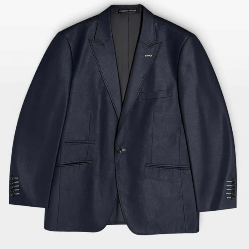 Giorgio Armani Blazer Mens 48 Coated Wool Single Button Peak Lapel Silvery Navy